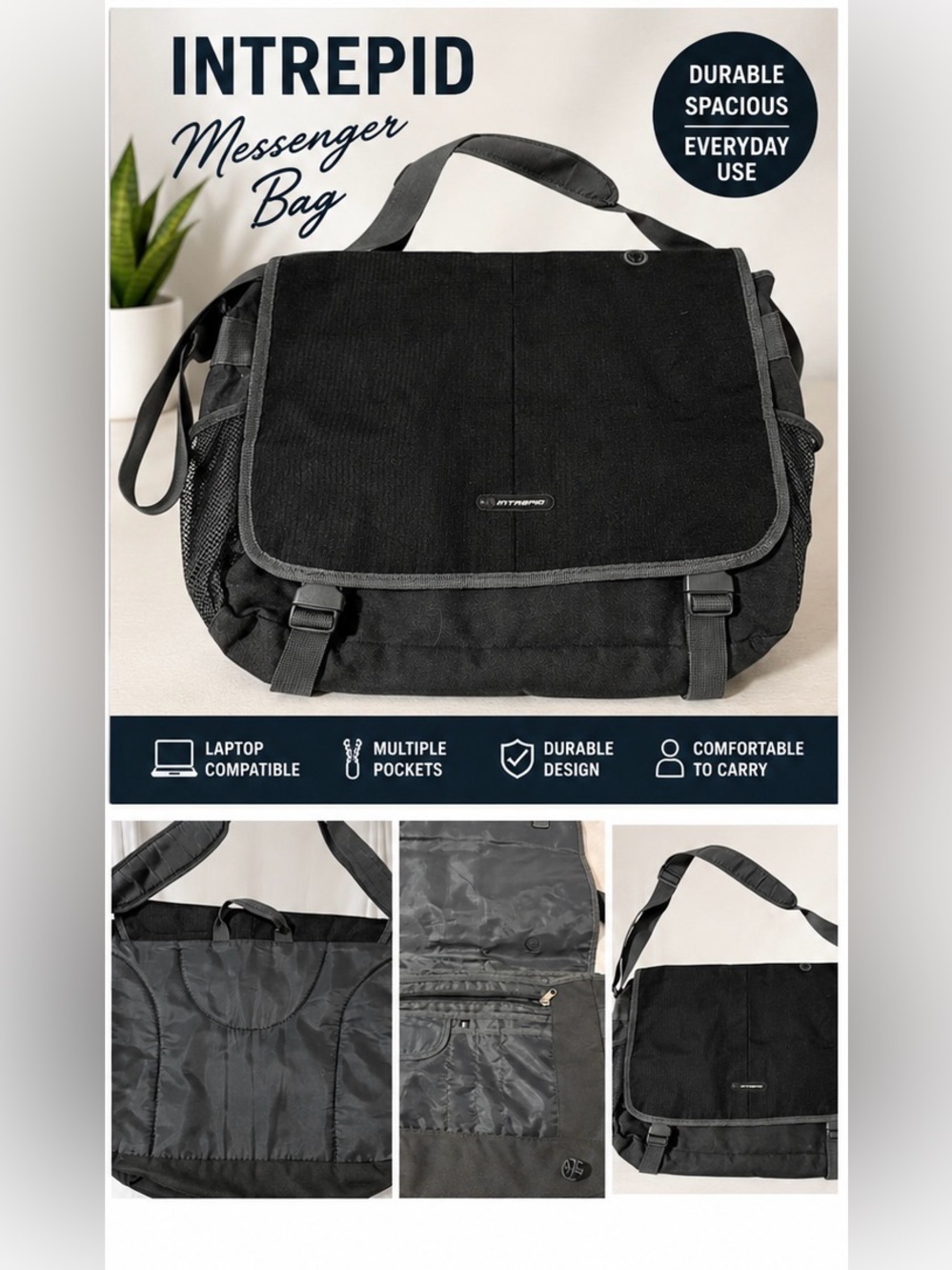 INTREPID Messenger Bag. Black & Gray Laptop Compatible Multiple Pockets Unisex